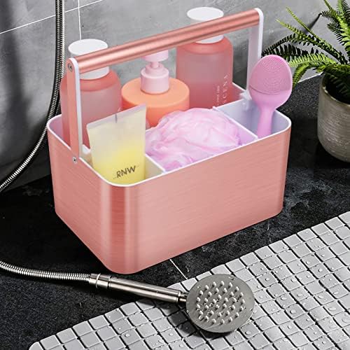 Byuner Plastic Shower Caddy Basket - Bin Bin Storage portátil de armazenamento de banho com alça e divisor para dormitório, armário, balcão de banheiro, níquel escovado cinza e rosa