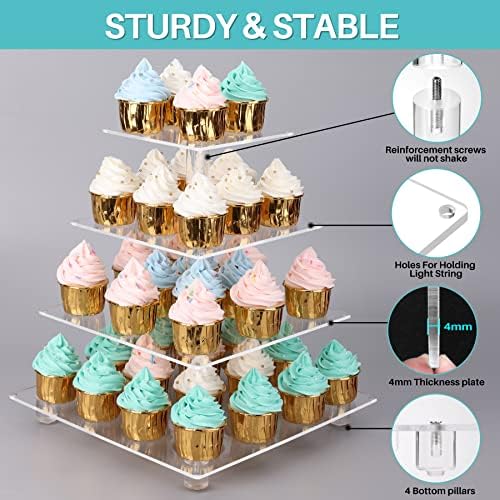 Antimbee 4 camada de cupcake de acrílico transparente com luzes de corda led de ouro, suporte de exibição de cupcake de torre quadrada
