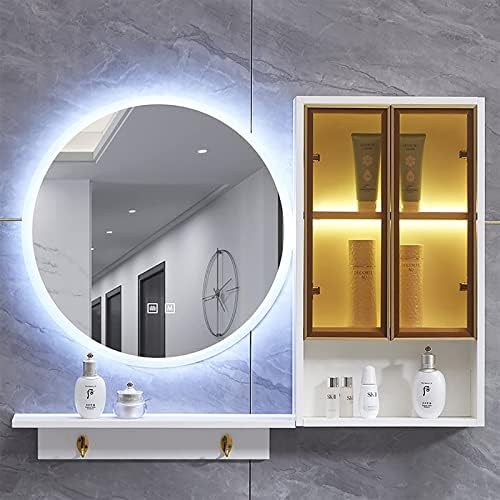 Armário de banheiro de parede espelhado Razzum com espelho LED sem estrutura, armário de armazenamento de madeira, para o banheiro, sala de estar, branco/cinza