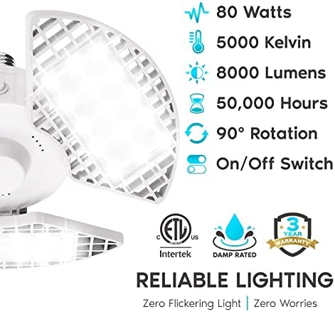 LUZ LEVITE LED GARAGEM LUZ 80W, 8000 LUMENS, luzes de garagem LED deformáveis, 5000k Branco brilhante, 3 painéis LED LED LUZ
