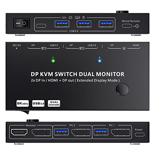 DP KVM Switch Dual Monitor, 2 em 2 em 2 Out DisplayPort KVM Switcher Support Modos Extend e Mirror, Saída HDMI e DP Monitor