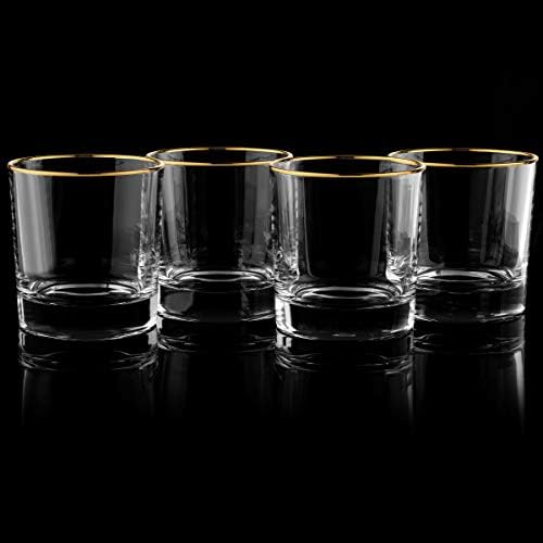 Óculos de uísque Conjunto de 4 design simples com borda dourada de 24k | Óculos de barra | Tumblers antiquados | Copos Lowball | Rochas vidros | Padrão12 Oz Drinking Glass
