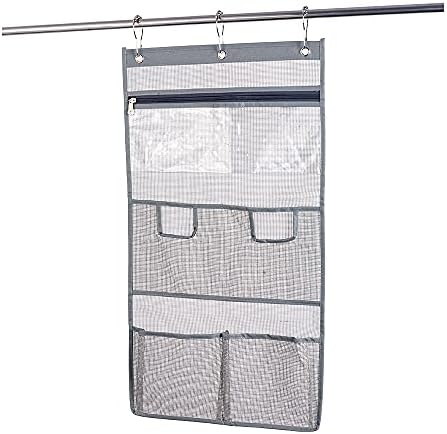 Caddy de chuveiro de malha de dearjana com bolso sensativo para toque, banheiro pendurado organizador de banheiros cortinas de chuveiro