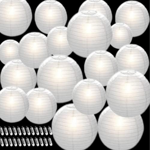 48 PCS Lanternas de papel e luzes de lanterna LED Conjunto 24 Lanterna redonda pendurada 24 Luzes decorativas de bateria