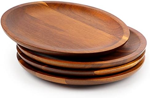 Homexcel Acacia Placas de madeira conjunto de pratos de jantar de madeira de 4, 8 polegadas de madeira, limpeza fácil e leve para lanche,