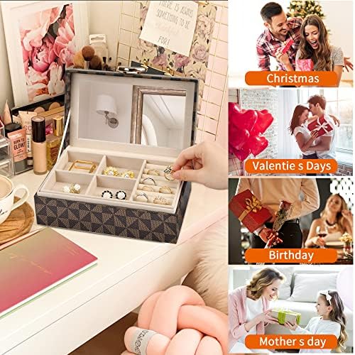 Ksoit Jewelry Box Design de luxo para mulheres meninas, organizador de jóias de 2 camadas com espelho, estojo de armazenamento de jóias de couro retrô para brincos, pulseiras, colar, anéis, relógios, óculos de sol, óculos de sol,