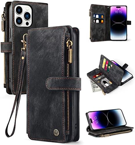 Vofuoe para iPhone 14 Pro Case, estojos de carteira com suporte de cartão Kickstand, capa de couro PU zíper de bolso rfid