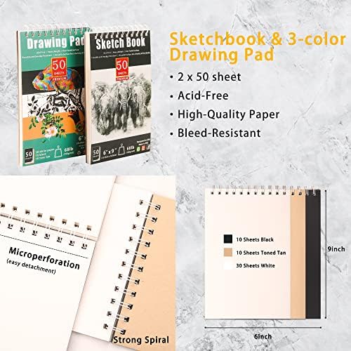 Kalour 72-Pack Sketch Desenho Kit com caderno de desenho e papel de desenho de 3 cores, caixa de lata, incluir grafite, carvão, luva de desenho e ferramentas de artistas, suprimentos de desenho de arte para adultos iniciantes para iniciantes