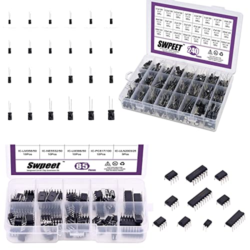 SWPEET 240pcs 24 tipos Capacitores eletrolíticos e 85pcs 10pcs 10 tipos chip de circuito integrado