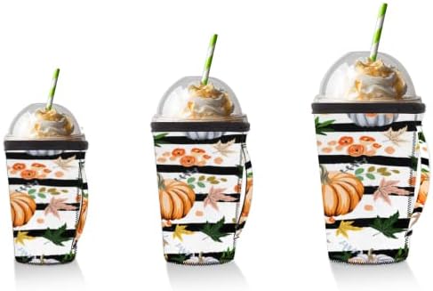 Fall Pumpkin Flower Stripes reutilizável Cafe de café com manga de neoprene para refrigerante, café com leite, chá, bebidas, cerveja