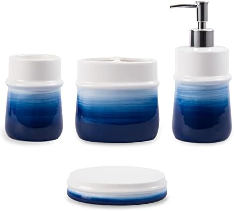Conjunto de acessórios para banheiros azuis azuis da Marinha RZCNC, Conjunto de Acessórios para Decorações de Cerâmica de Cerâmica Azul de 4 peças, cota de dentes, dispensador de sabão, sabão, copo
