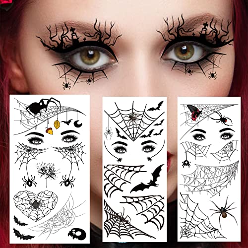 6 folhas Halloween Spider Bat Tattoo Tattoo Adesivos de maquiagem de maquiagem de olhos para mulheres Meninas Halloween Decorações de festas de cofregamento de Halloween