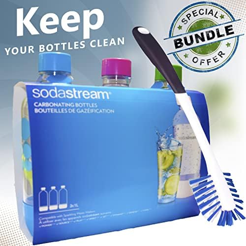 Soda Stream 3 Pacote Original SodaStream reutilizável Garrafas de carbono com água espumante 1L 1 litro de 1 litro com escova de limpeza de garrafas de cuidados de 14 polegadas de 14 polegadas