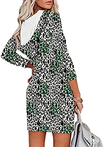 Ruziyoog Moda feminina Zip Front Capuzes Vestido de leopardo com manga longa vestidos de cintura casual vestido de corpo A-line