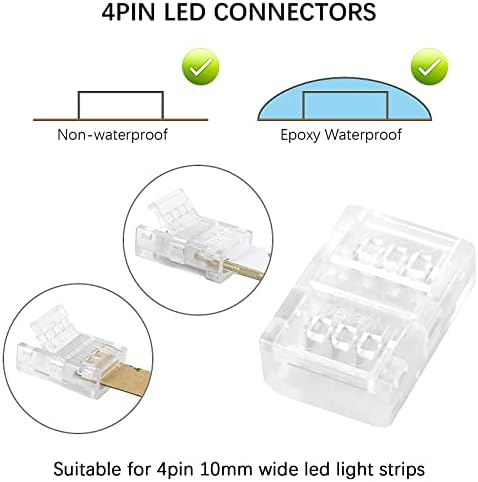 RGBZONE 10 PCS CONECTOR LED de 4 pinos, tira de tira do conector RGB para 10 mm de água à prova d'água ou não à prova de água