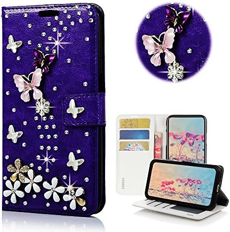 Caso de jogo de Stenes Moto G6 - Stylish - 3D Made Bling Bling Crystal S -Link Butterfly Floral Cartter Credit Slots Dob Stand Stand Cover Caso para Moto G6 Play - Purple