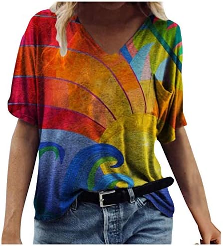 Tampas de verão femininas 2023 V Camisa de manga curta de pescoço Treino floral T camisetas tendidas tendes casuais camisetas