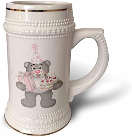 3drose rosa e cinza claro urso com bolo e presente. - 22 onças de caneca