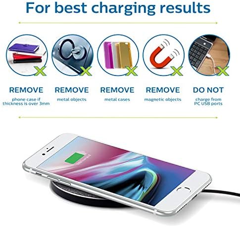 Acessórios Philips Charger de tecido sem fio, carregamento rápido 10W, certificado por QI para iPhone 13/12/11/pro/pro max/mini, Samsung Galaxy S21, Google Pixel 6, Gray, DLP9035bc/27