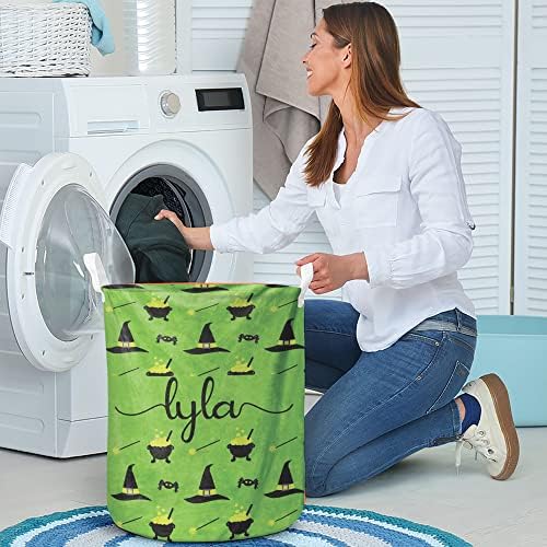 Halloween de bruxa verde Hampers personalizados cesta de lavanderia com nome, cesto de roupas sujas personalizadas, cesta de armazenamento