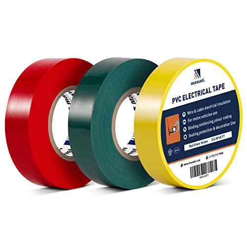 Fita elétrica colorida 3 rolos - 3/4 em 60 pés Multicolor Professional Pack Pack elétrico PVC com cores vermelhas de cores amarelas