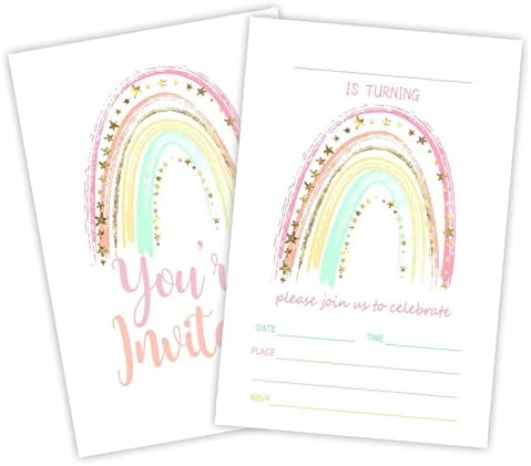 Convite de festa de aniversário, cartões de convidado de arco-íris em aquarela （20 contagem) com envelopes, preencha cartões