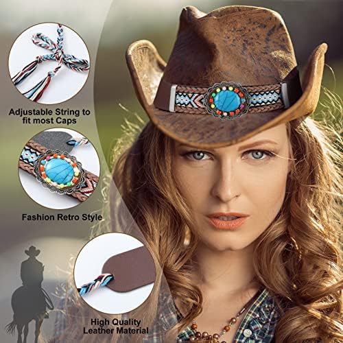 12 PCs Cowboy Hat Band Substituição Handnic Western Hat Belts com turquesa para chapéus de fazendeiro do Panamá Fedora Hats