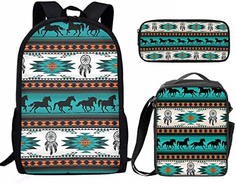 PZZ BEACH Nativo do sudoeste do sudoeste aztec Horse Turquiose Navajo Print Backpack+ Lunch Saco Térmico+ Lápis 3 PCs Conjunto