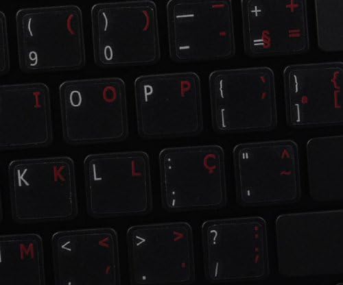 Etiquetas do teclado brasileiro português em fundo transparente com letras vermelhas