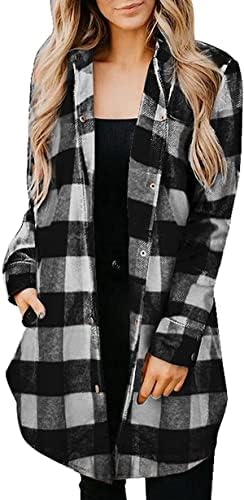 Botão de jaqueta de lã xadrez feminina para baixo de manga comprida camisas de inverno de outono solto com bolsos