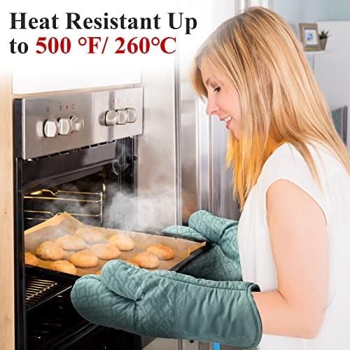 Tuff4ever Mitts de forno resistente ao calor Luvas de forno de silicone extra longas com punho de silicone sem deslizamento e forro de algodão para cozinhar churrasco para cozinhar