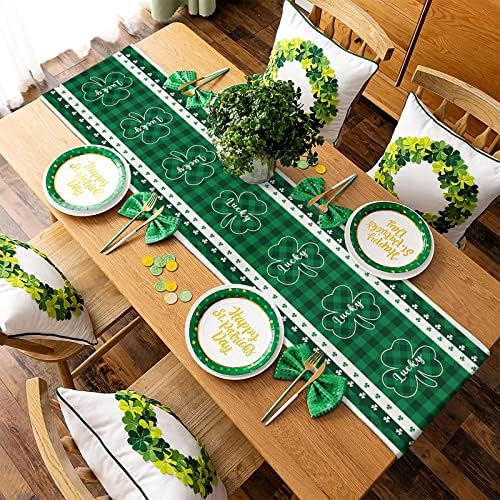 Ezon-Ch St Patricks Day Table Runner 36 polegadas de comprimento para a mesa de jantar decoração de shamrocks verde búfalo xadrez de