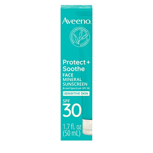 Aveeno Protect + Soothe Face Mineral Protetor solar com amplo espectro SPF 30 para pele sensível, protetora solar leve e não grease, proteção UVA/UVB resistente à água, 1,7 fl. oz