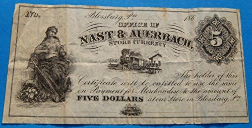Escritório de Nast & Auerbach 5 dólares em moeda da loja de 1860, Blossburg, PA