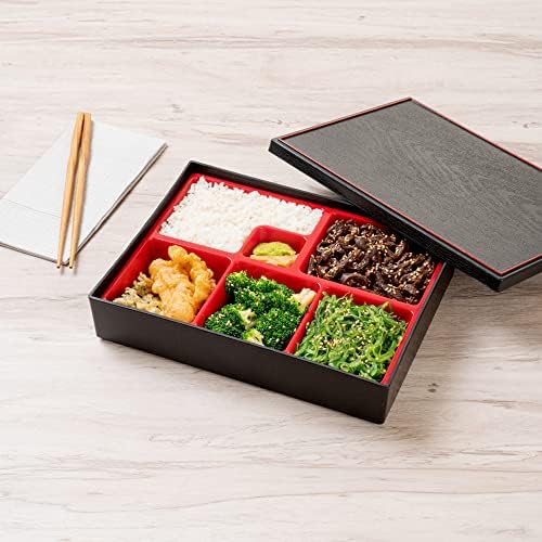 Bento tek retângulo preto e vermelho pequeno estilo japonês caixa bento - 6 compartimentos - 10 3/4 x 8 1/4 x 2 1/4 - 1 caixa de contagem