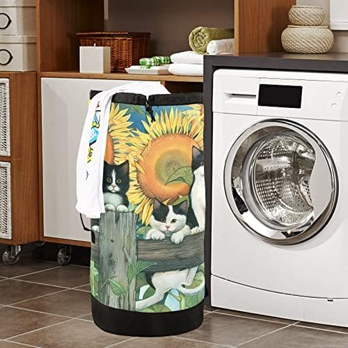 Mochila de lavanderia lavável MnSruu Mochila grande bolsa de roupas sujas com alças de ombro ajustáveis, gatos no campo de girassol.