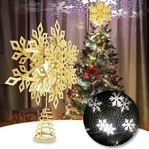 Treça de Natal Top Light - Metal Glittering Gold Snow Tree Topper com 3D Rotativo Branca Ledflake LED Projector - Decorações