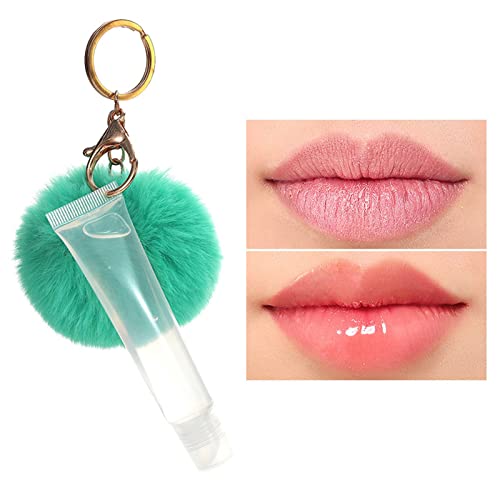 Brilho labial transparente com pingente de bola de pele colorido, óleo de lábio portátil de chaveiro, protetor labial hidratante