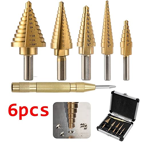 Conjunto de bits de broca de passo, 6 PCS BIT BIT STILL Conjunto de titânio HSS Rotinho reto Unibit Bits Ferrill aumentou de 1/8 para 1-3/8 Centro de orifício de metal central automático