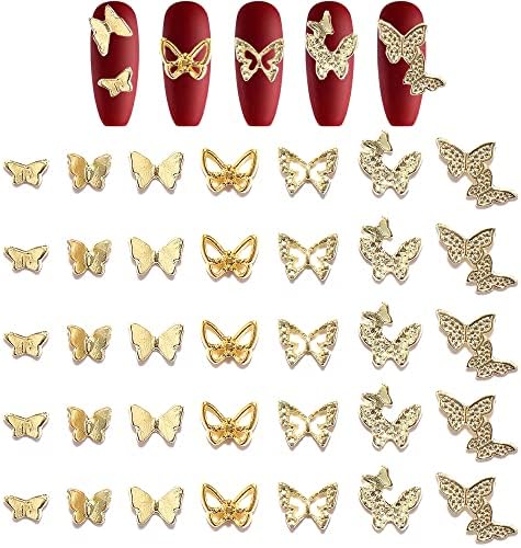 Kachimoo 3D Butterfly Nail Charmms, 35 PCs Butterfly Nail Charms para acrílico Nails Metal Butterfly Nail Art Decoração