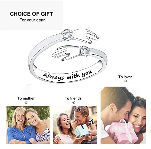 Sempre com você 925Silver Hug Ring para mulheres adolescentes, anel de promessa de jóias de anel ajustável, melhor presente de aniversário