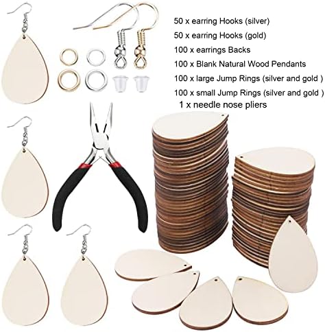 501 PCS Kits de brincos de madeira inacabados, um alicate para nariz de agulha, 100pcs em branco pingentes de madeira natural100