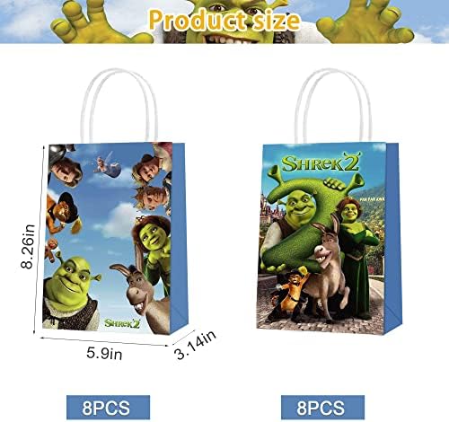 Uine 16 pcs shrek 2 sacolas de papel de festa, 2 estilos festas de festa com alças para fãs de desenhos animados de meninos Shrek decorações de festa de aniversário, sacolas de doces