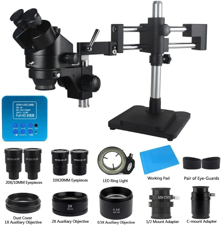 3,5x-90x Stand duplo zoom simul simul focal microscópio estéreo 2K Câmera industrial USB para telefone