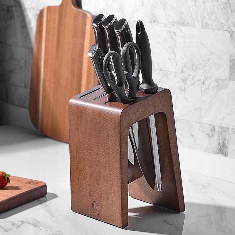 Faca de suporte para cozinha, rack de faca de forma de madeira de borracha 6 orifícios cortando o suporte da faca de chef, bloqueio de faca de cozinha, acessórios de suporte de armazenamento de facas