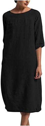 Vestido maxi casual de linho de algodão de cor sólida, vestido de meio-deco