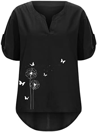 Vneck Linen Ladies Manga curta Dandelion Flor Relaxed Fit Casual Top Teen Girl W2