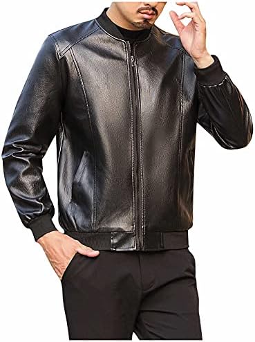 Mens Classic Pleated Leather Jacket Splicing Zipper Stand Gollar Imitation Tops