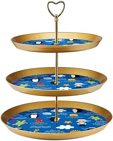 3 Placa de fruta de cupcake de 3 camadas de sobremesa Plástico para servir suporte de exibição para casamento de aniversário Decorações de chá de chá de chá de bebê redondo, azul pinguim marinheiro polvo âncora padrão