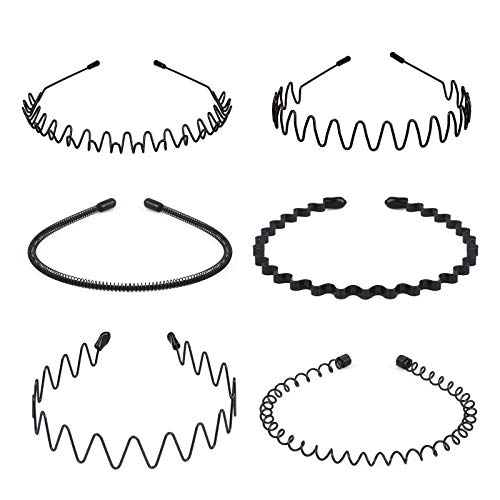 Fenshine 6pcs bandas de cabelo de metal, arco de cabelo ondulado da primavera unissex preto bandana ondulada com